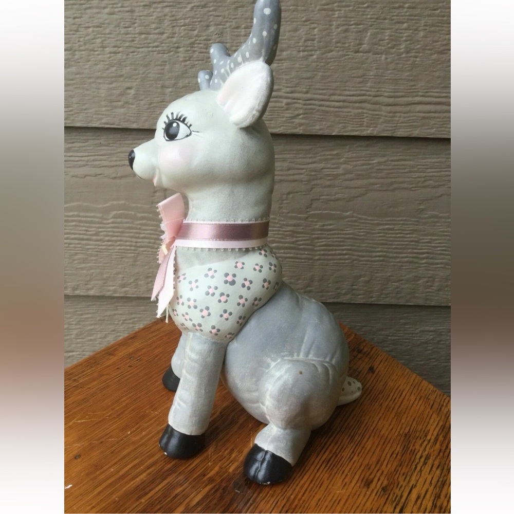 Vintage Decorative Gray and Pink Deer Ceramic Figurine with Bow - Picture 6 of 9